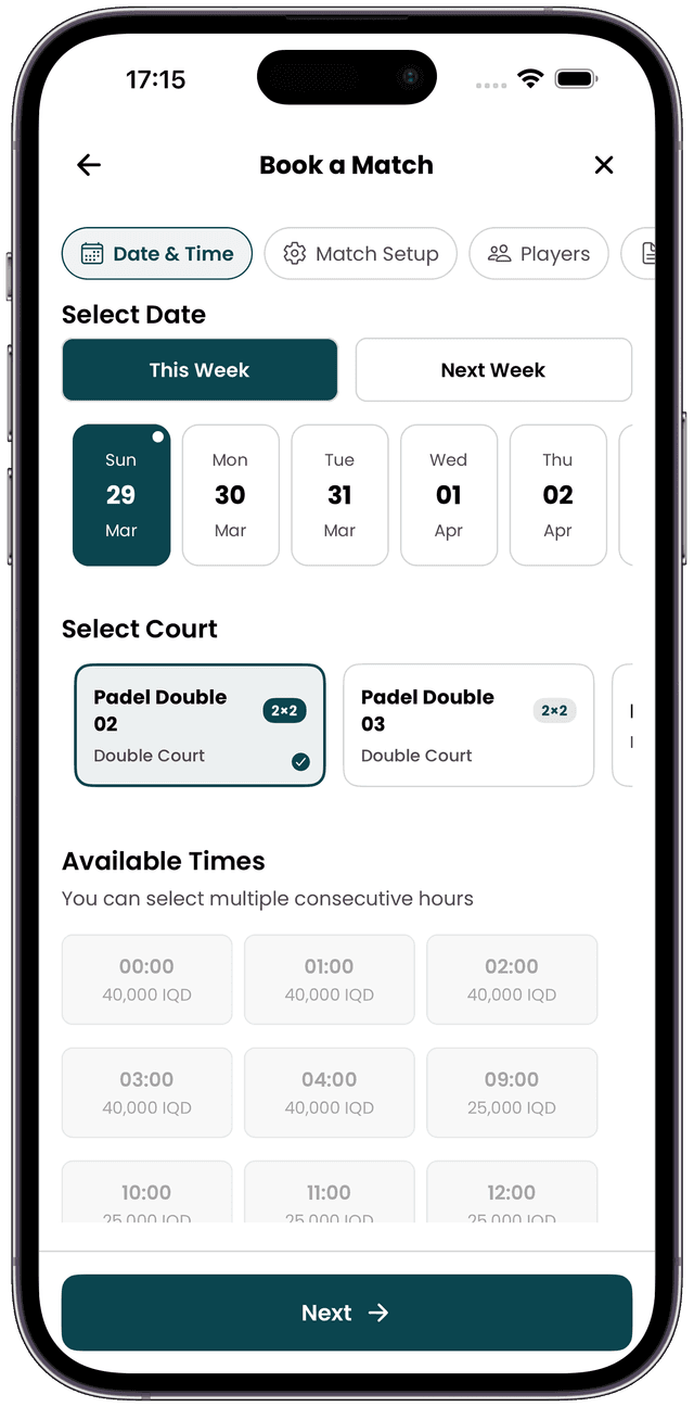 PadelHub court booking screen